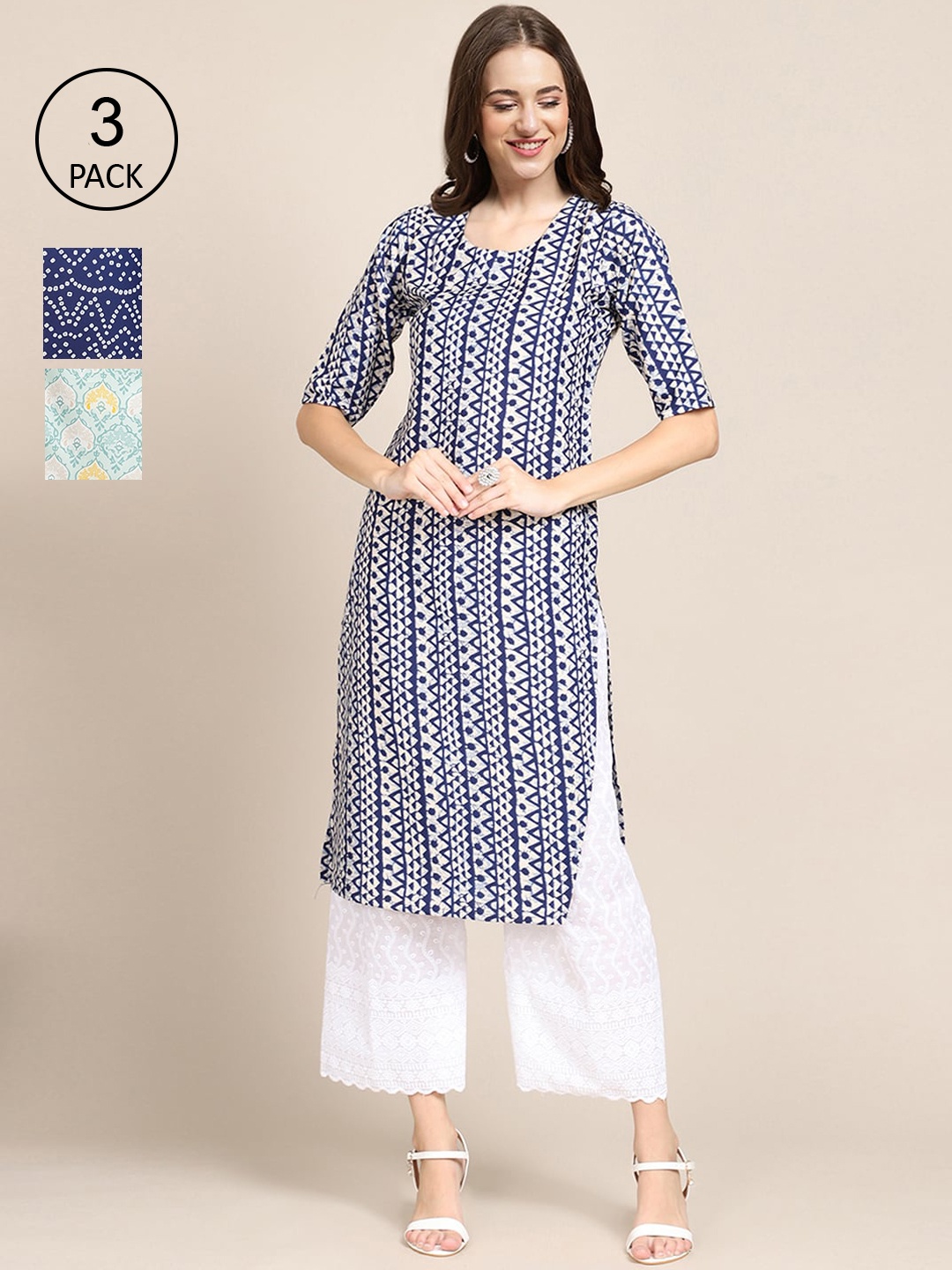 

Ethnic basket Pack of 3 Women's Stylish Block Printed Crepe Straight Kurta, Blue