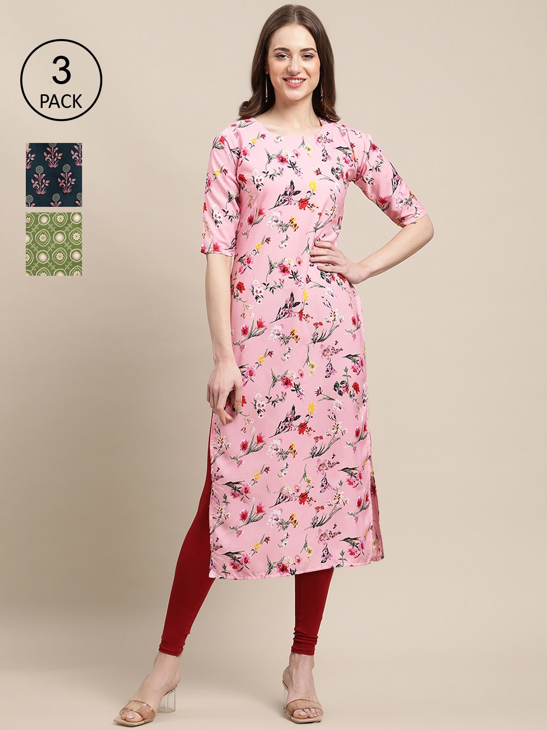 

Ethnic basket Women Pack of 3 Pink , Green & Grey Ethnic Motifs Printed Crepe Kurta