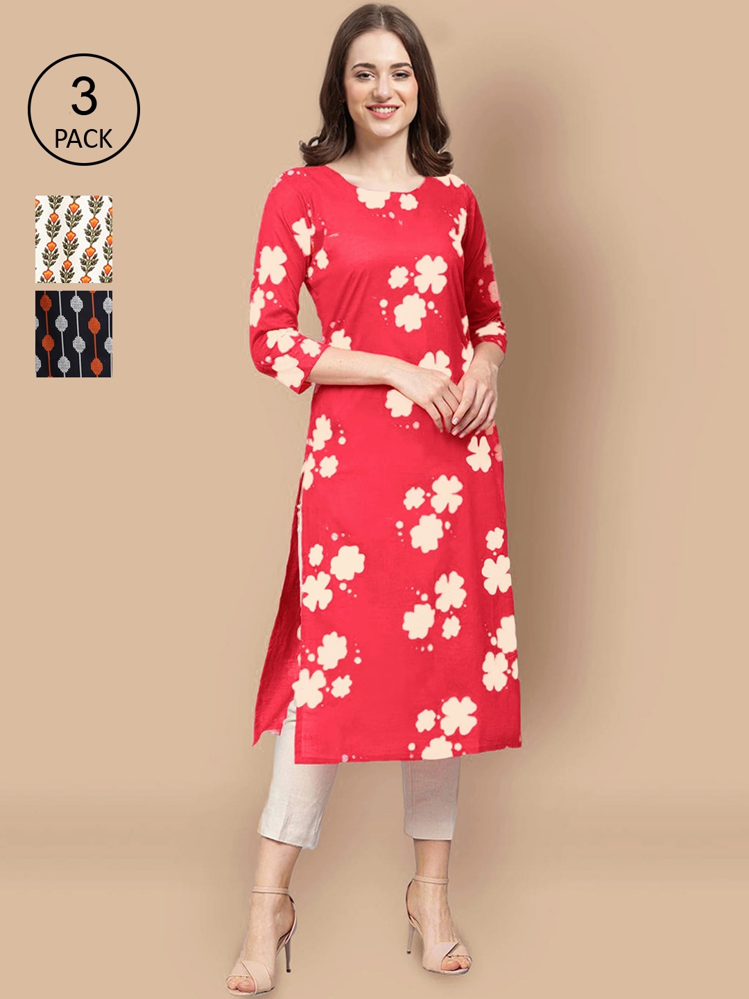 

Ethnic basket Pack Of 3 Women Red & Cream-Coloured Floral Printed Crepe Kurta