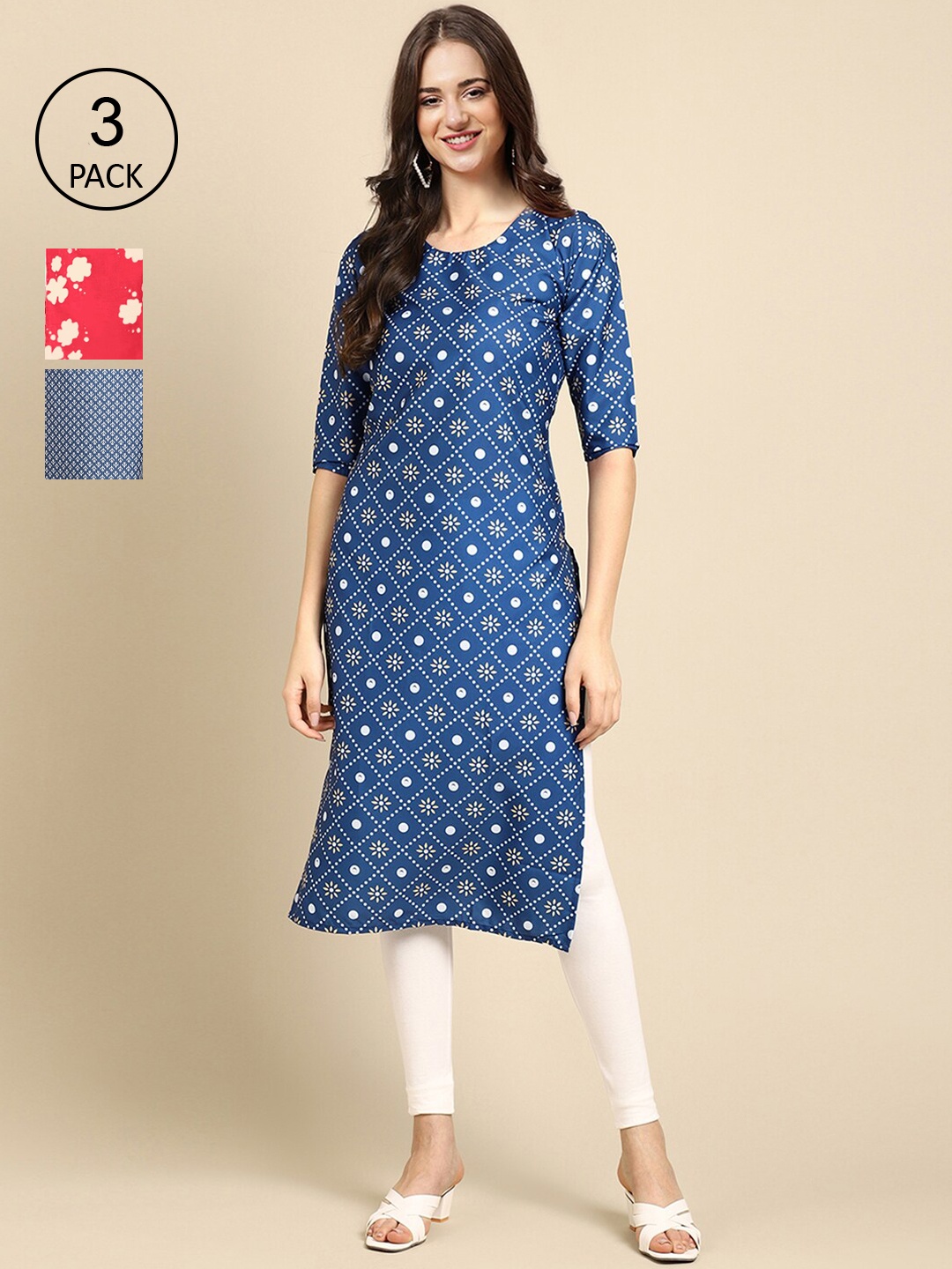

Ethnic basket Women Pack of 3 Blue & Red Floral Printed Crepe Kurta