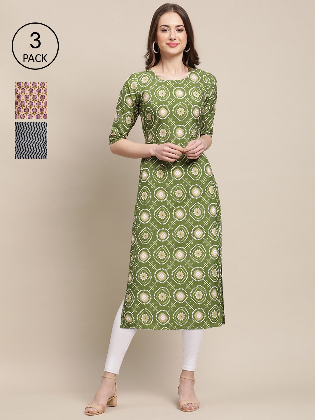 

Ethnic basket Pack of 3 Stylish Women's Block Printed Crepe Straight Kurta, Green