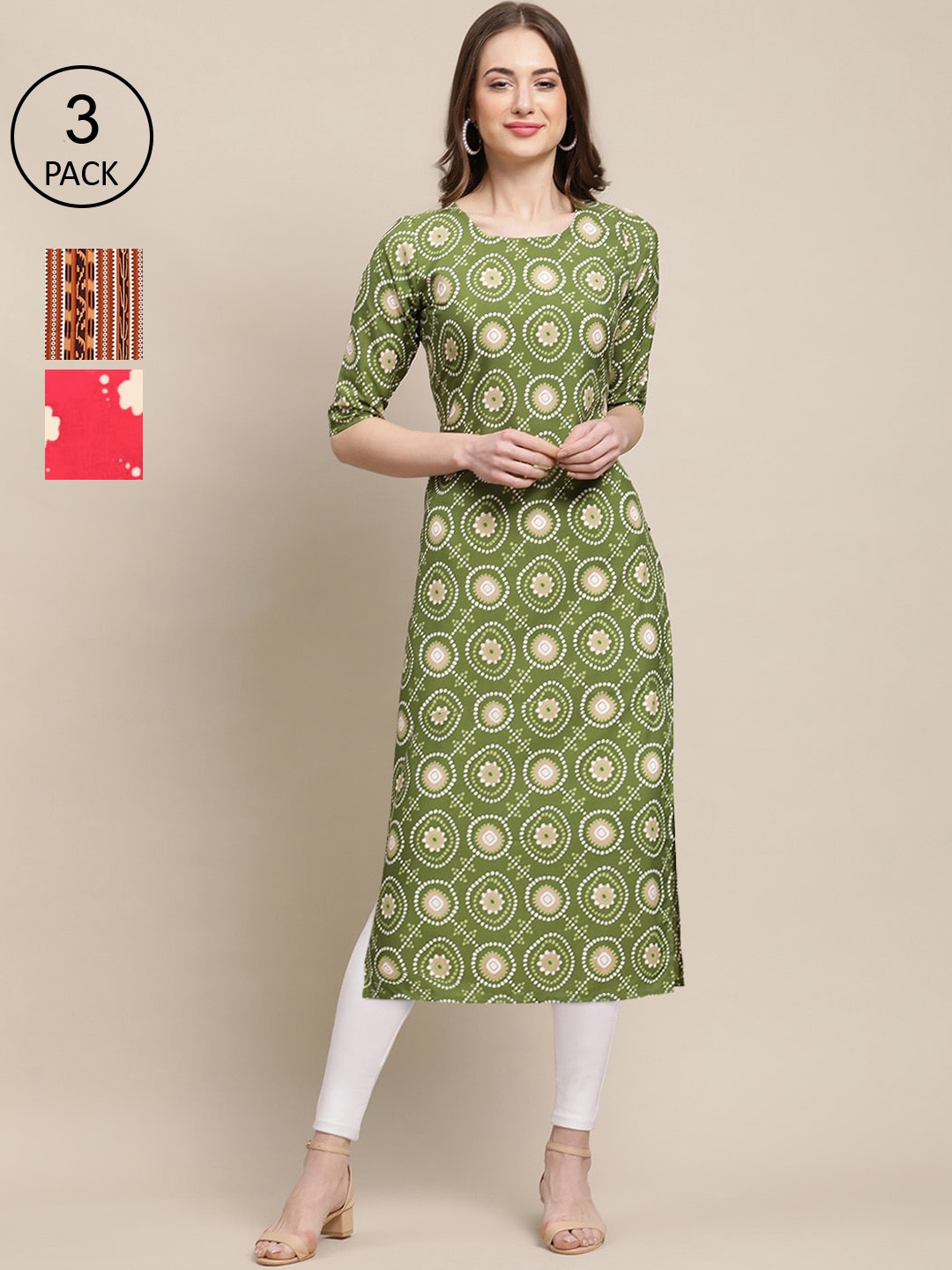 

Ethnic basket Women Green & Brown Pack Of 3 Geometric Printed Block Print Crepe Kurta