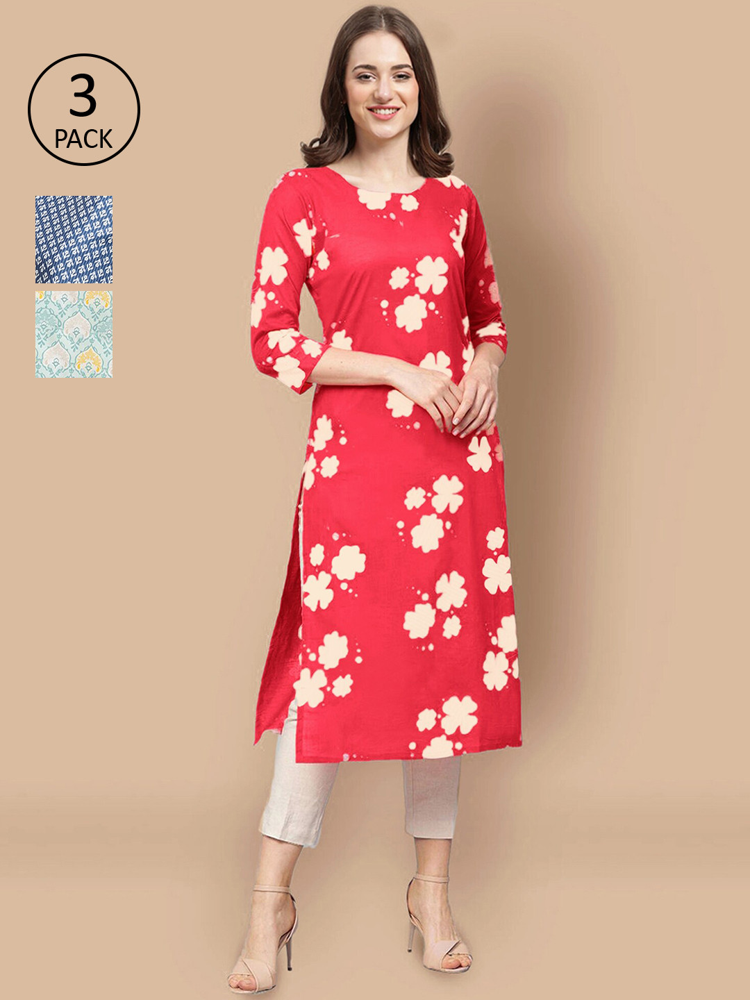 

Ethnic basket Pack of 3 Women's Block Printed Crepe Straight Kurta, Red