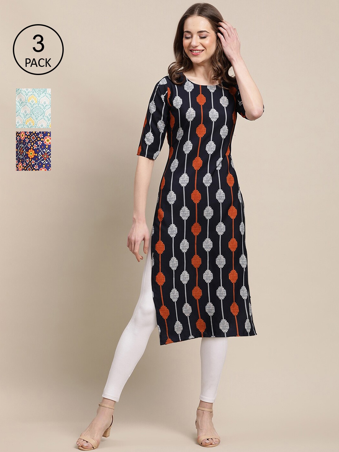 

Ethnic basket Women Blue & Black Pack Of 3 Geometric Printed Block Print Crepe Kurta