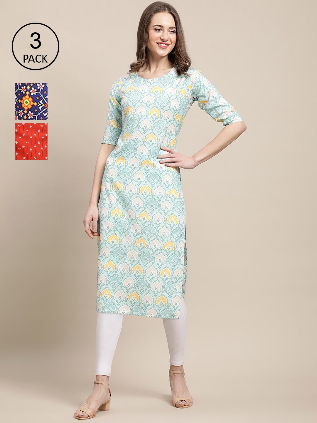 

Ethnic basket Women Pack of 3 Sea Green, Red & Navy Blue Floral Printed Crepe Kurta