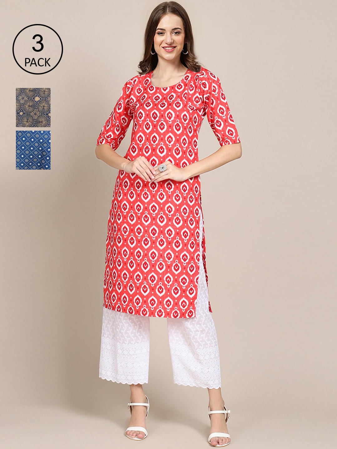 

Ethnic basket Pack of 3 Women's Stylish Block Printed Crepe Straight Kurta, Red