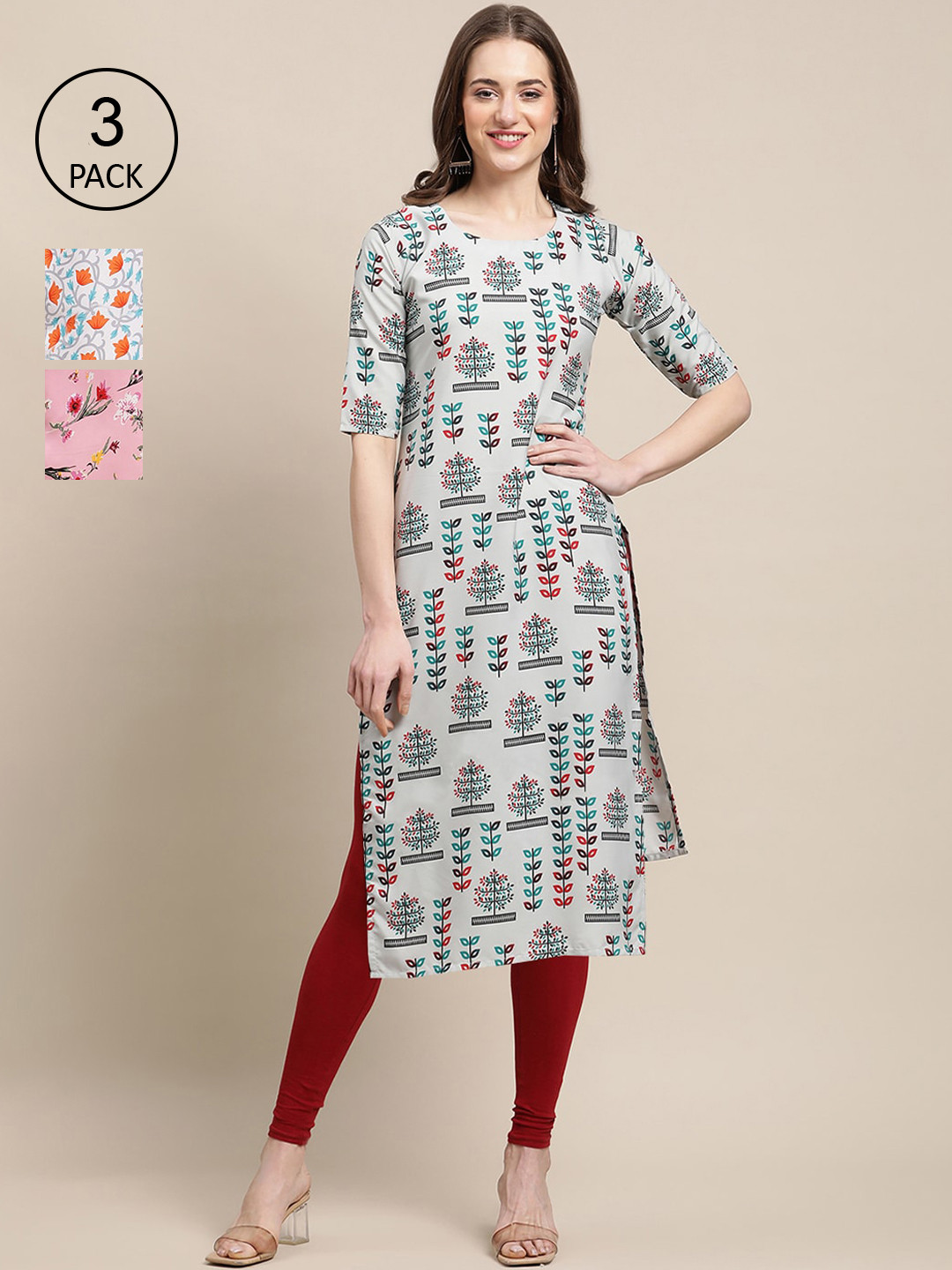 

Ethnic Basket Stylish Women's Crepe Printed Straight Kurta (Pack of 3), Off white