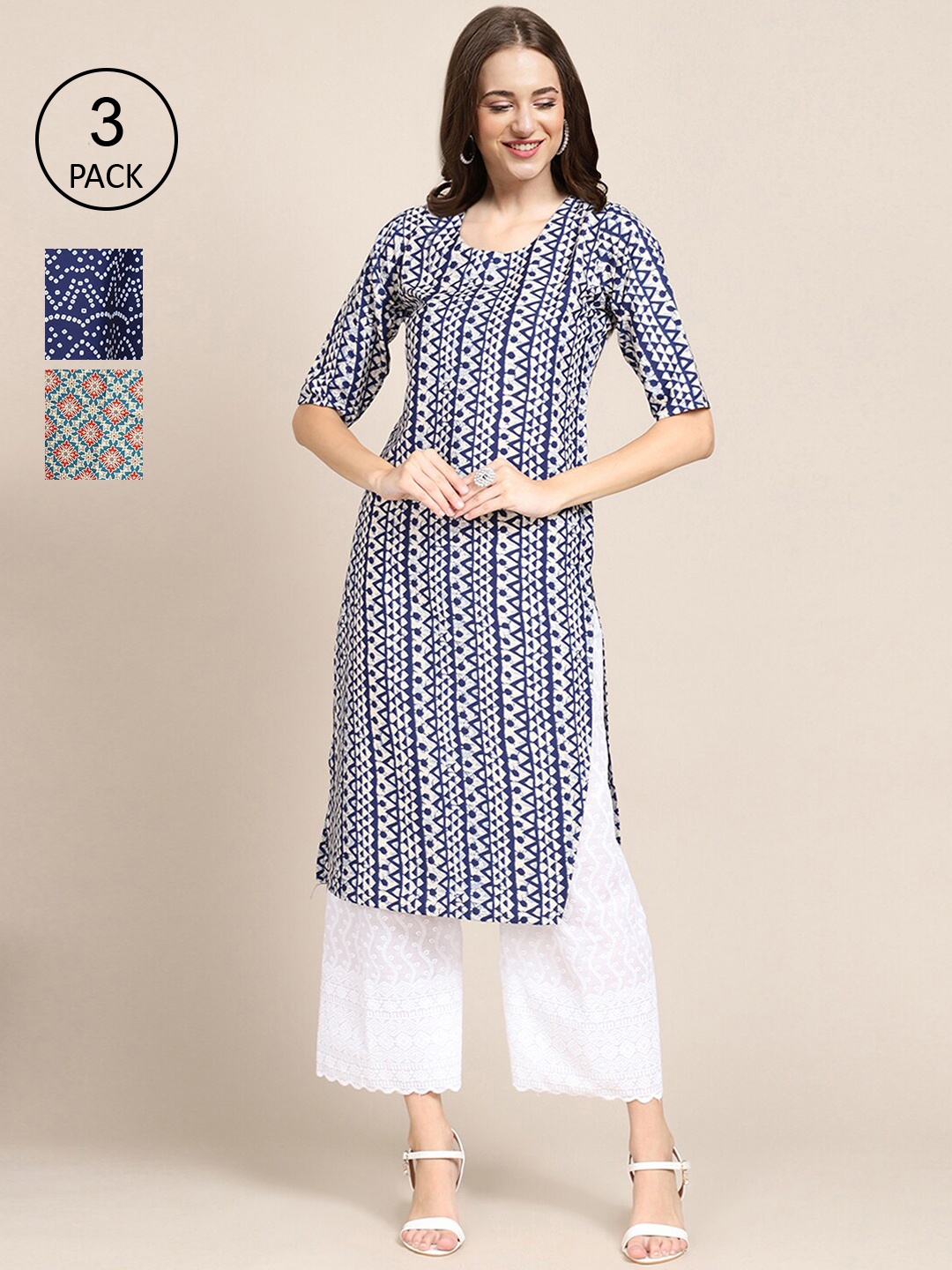 

Ethnic basket Pack Of 3 Women Blue & White Geometric Printed Crepe Kurta