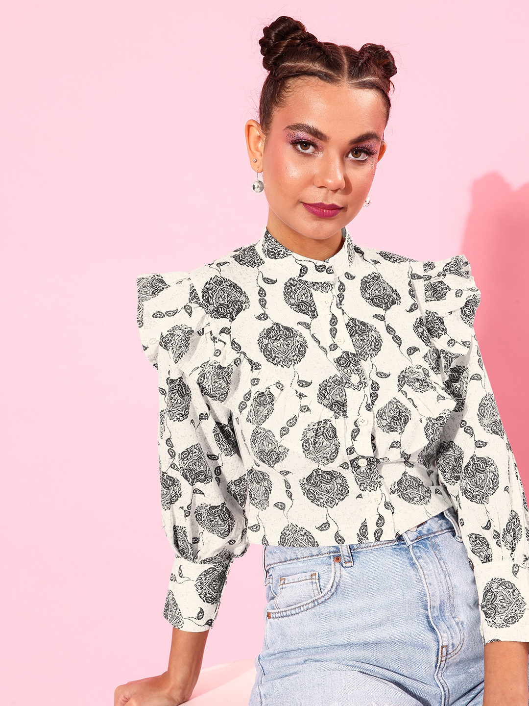 

Stylecast X Hersheinbox White Ethnic Motifs Ruffled Top