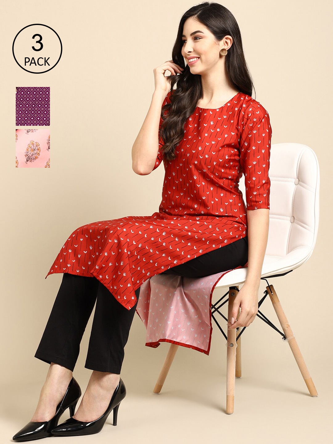 

Ethnic basket Women Pack of 3 Red, Purple & Peach Geometric Printed Crepe Kurta