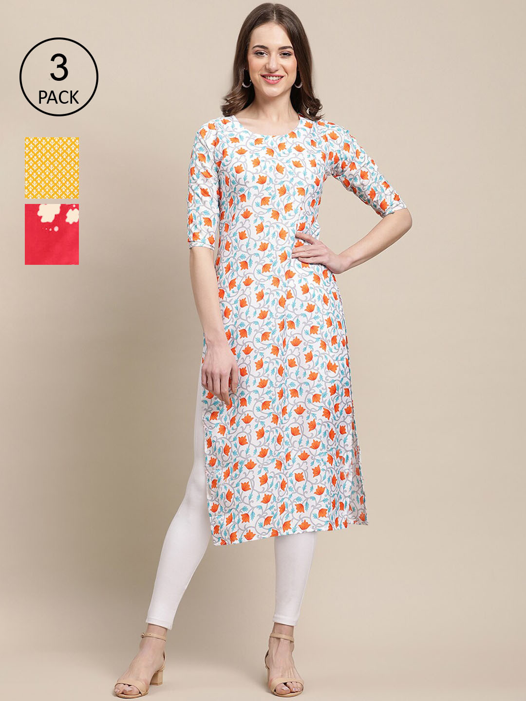 

Ethnic basket Women Pack of 3 Off White, Yellow & Red Floral Printed Crepe Kurta