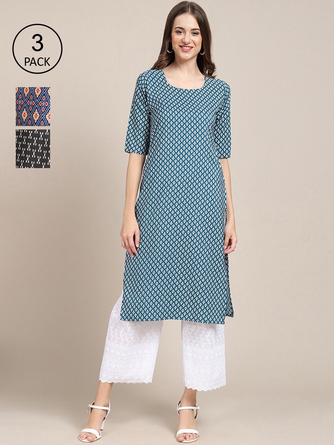 

Ethnic basket Pack Of 3 Women Blue & Black Geometric Printed Crepe Kurta