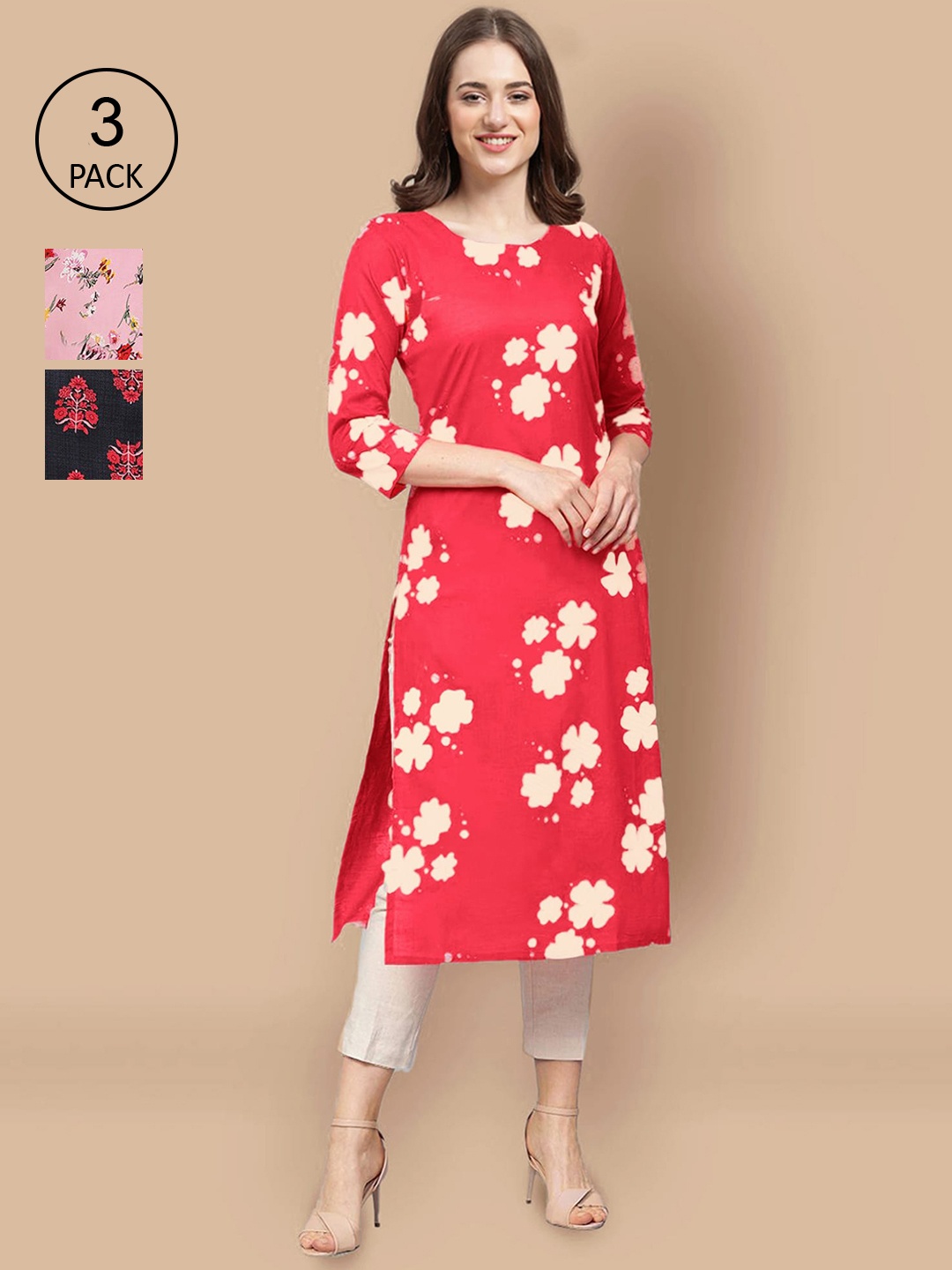 

Ethnic basket Women Pink & Coral Pack Of 3 Floral Printed Block Print Crepe Kurta