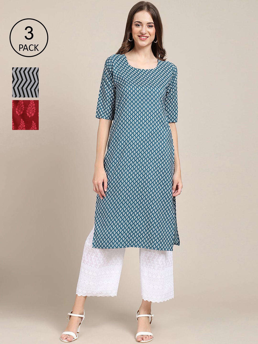 

Ethnic basket Women Pack of 3 Blue & Grey Ethnic Motifs Printed Crepe Kurta