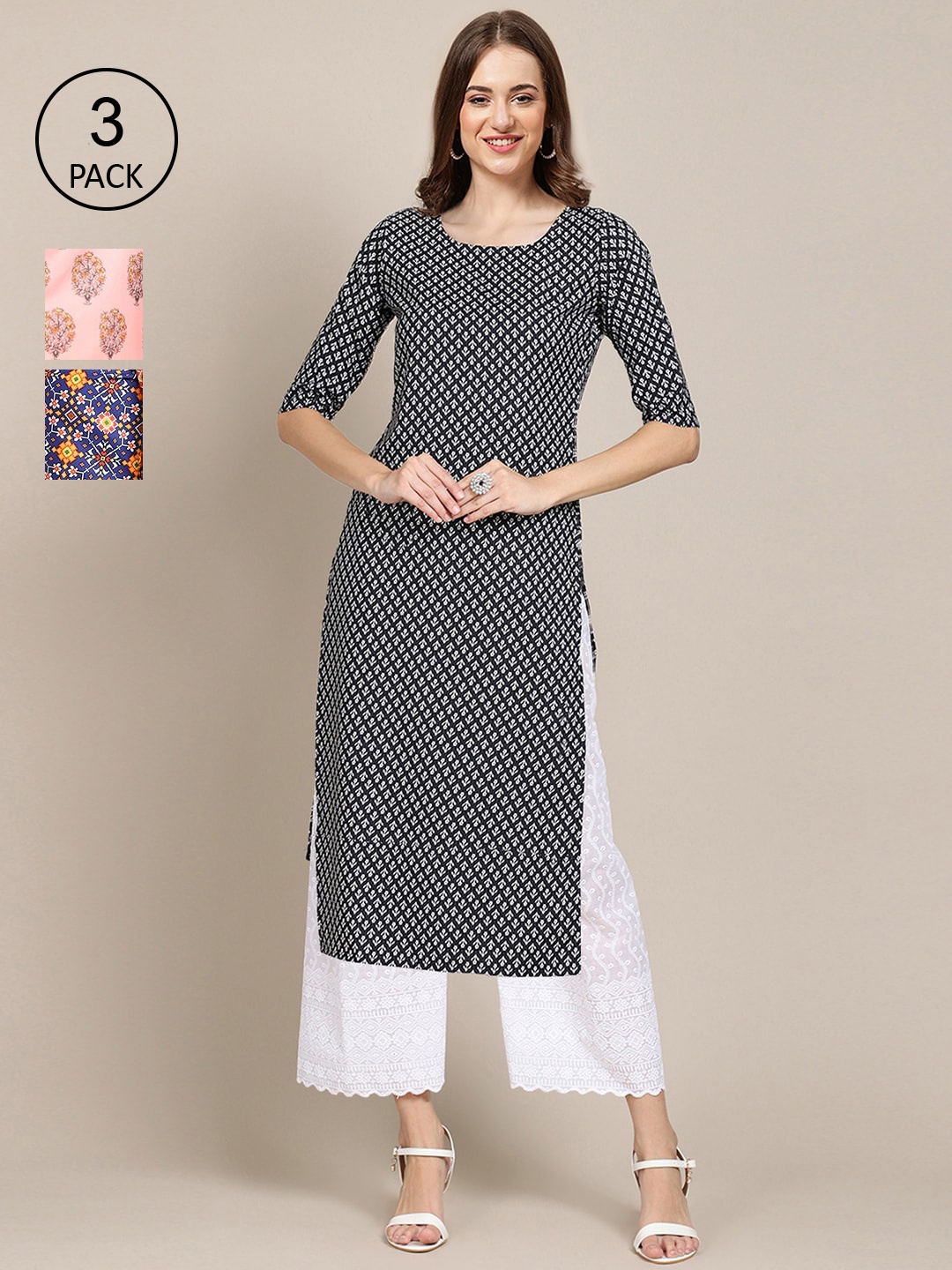 

Ethnic basket Pack of 3 Women's Stylish Block Printed Crepe Straight Kurta, Black