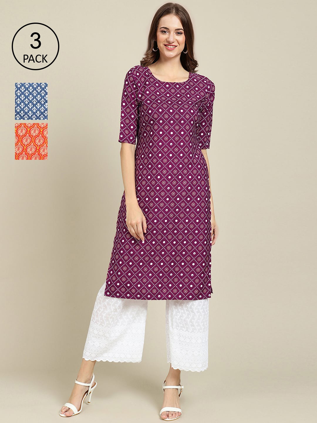 

Ethnic basket Pack Of 3 Women Purple & Blue Ethnic Motifs Printed Crepe Kurta