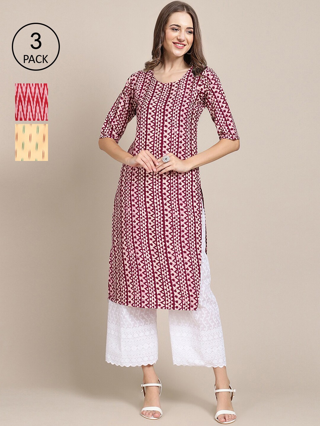 

Ethnic basket Women Maroon & Red Geometric Block Print Crepe Kurta