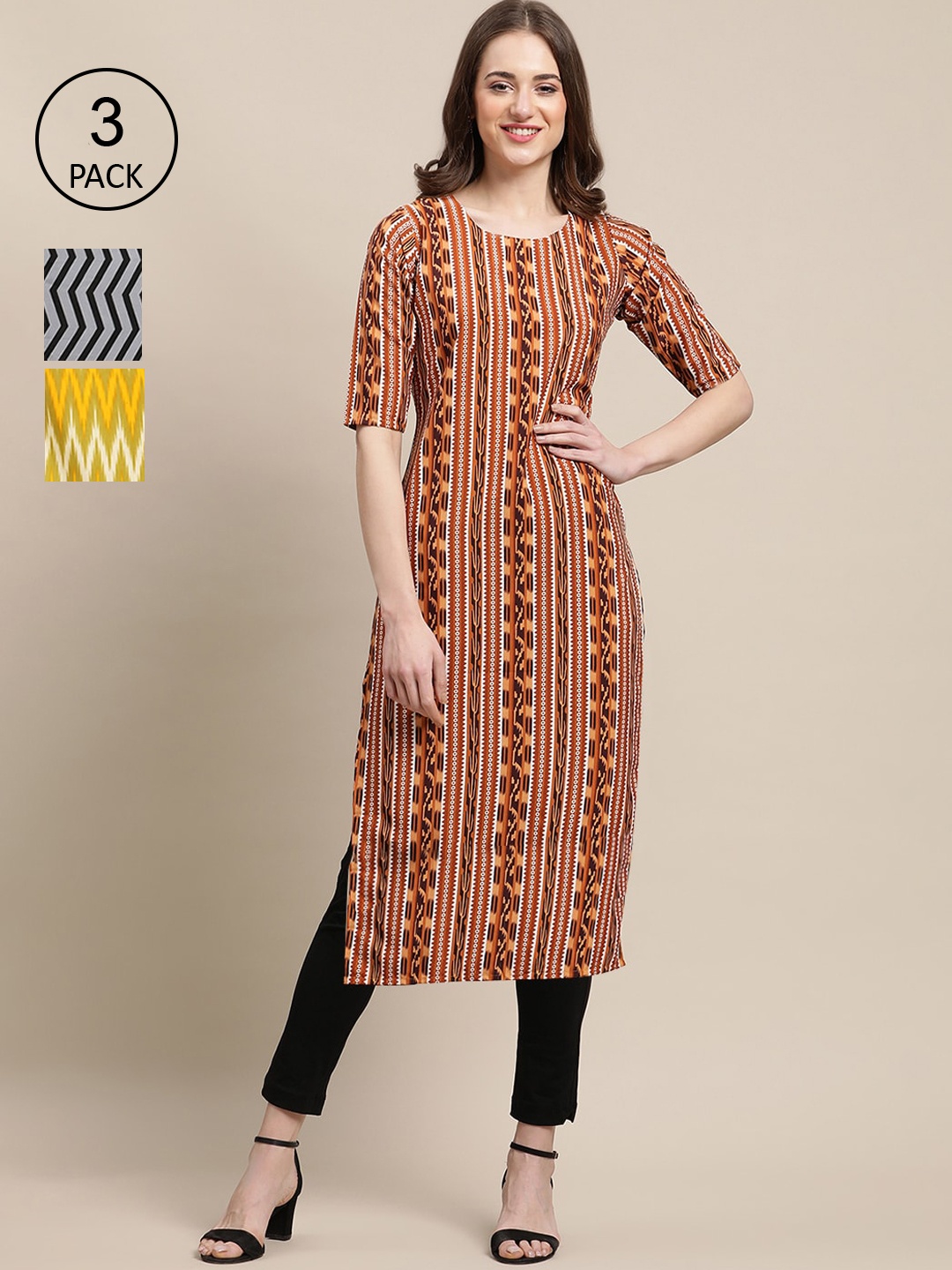 

Ethnic basket Women Pack of 3 Brown & Grey Geometric Printed Crepe Kurta