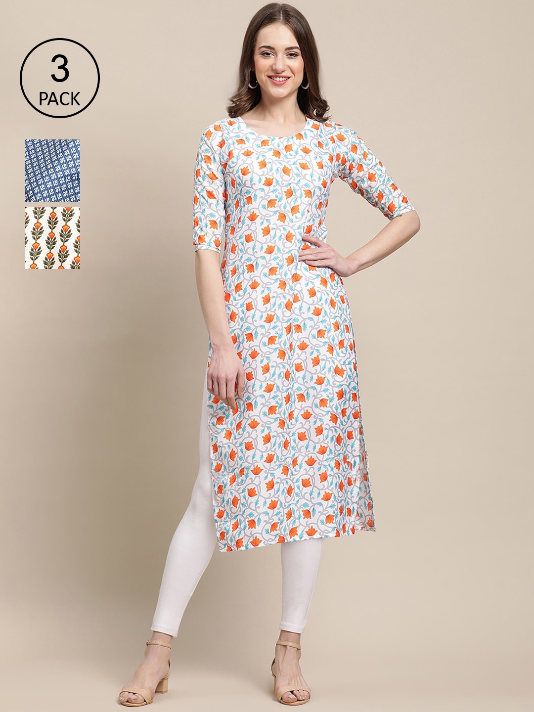 

Ethnic basket Women White & Orange Pack Of 3 Floral Printed Block Print Crepe Kurta