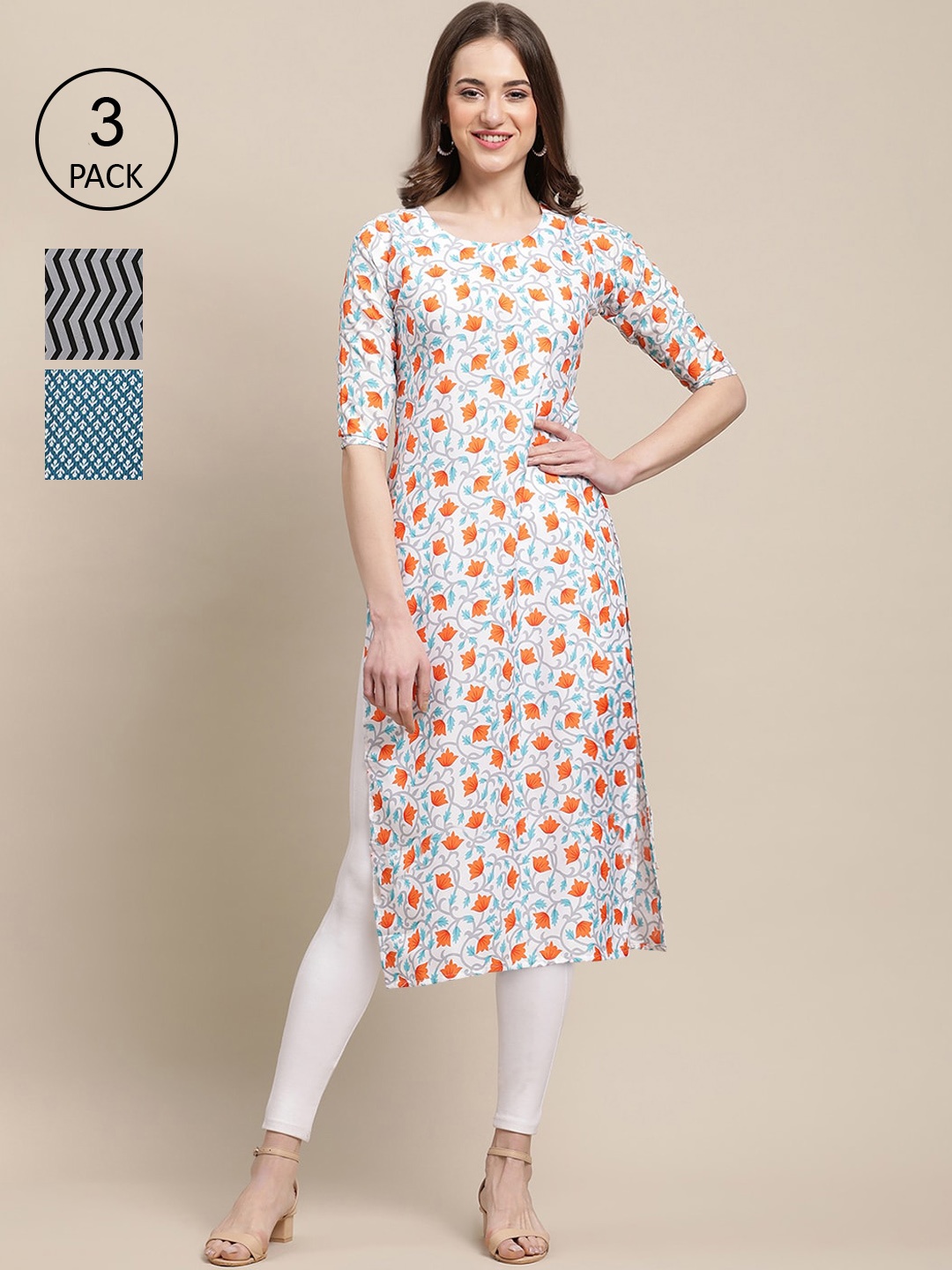 

Ethnic basket Women Pack of 3 White & Grey Floral Printed Crepe Kurta