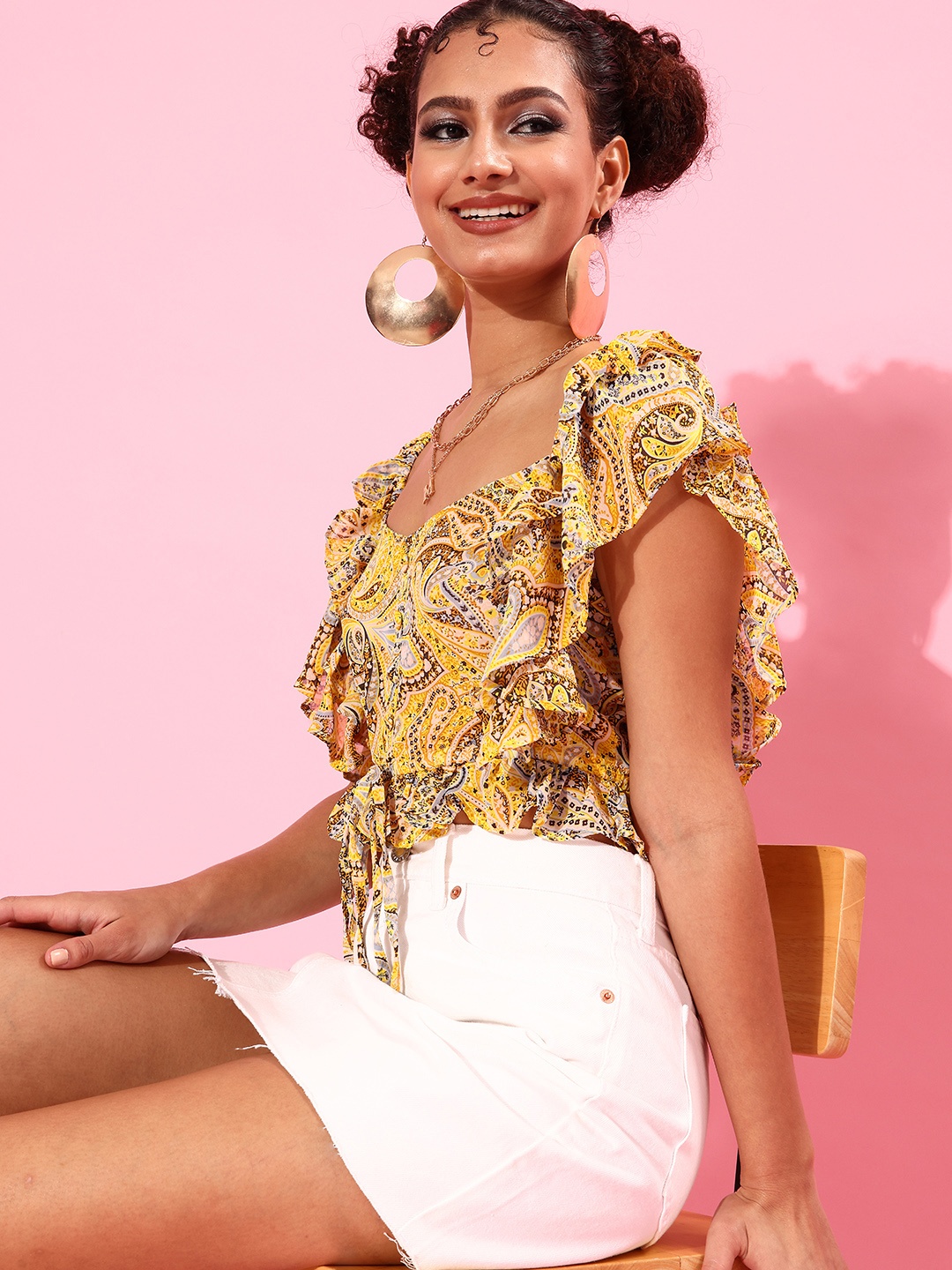 

Stylecast X Hersheinbox Yellow Ethnic Motifs Ruffled Top