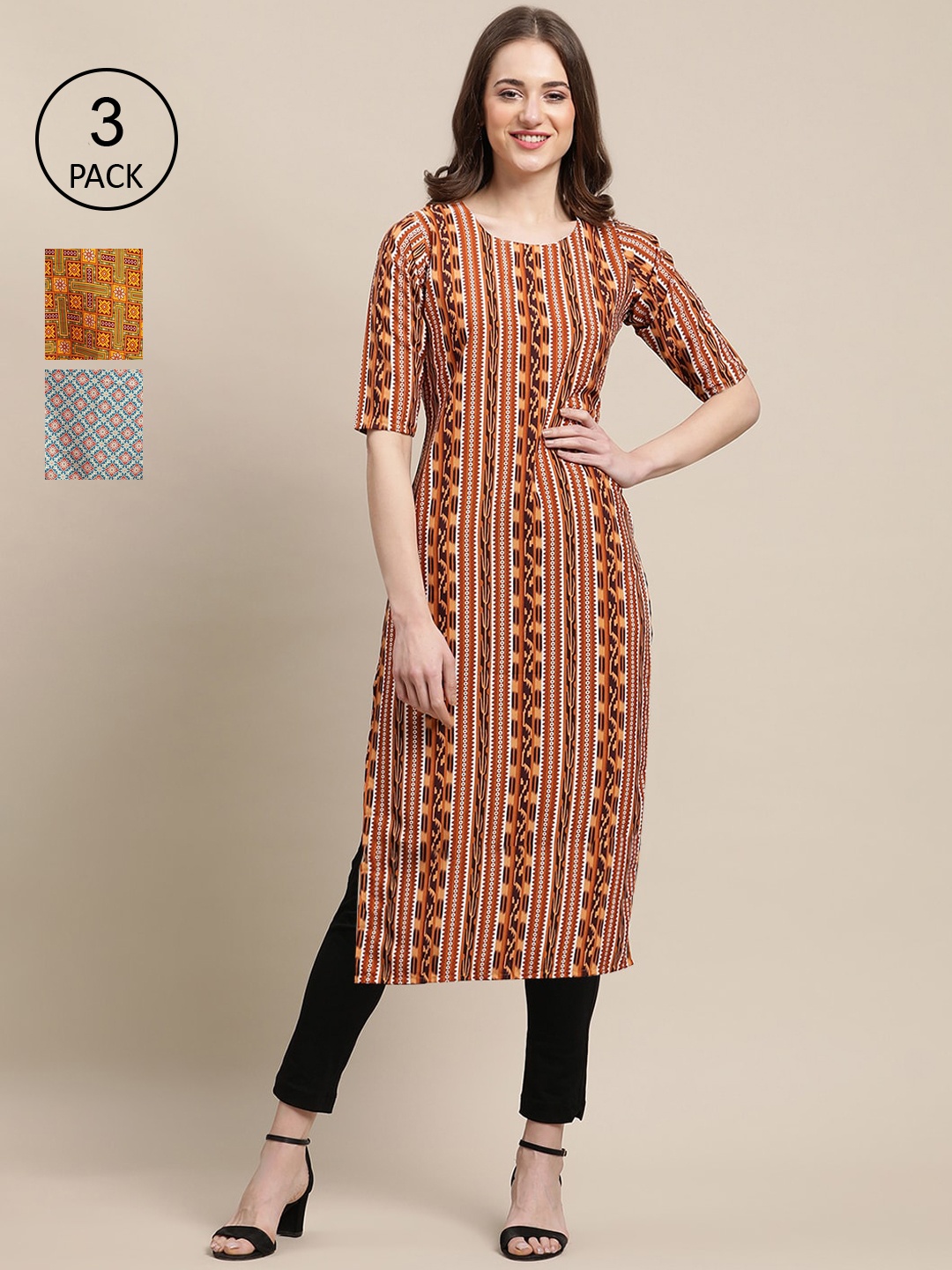 

Ethnic basket Women Pack of 3 Ethnic Motifs Printed Crepe Kurta, Brown