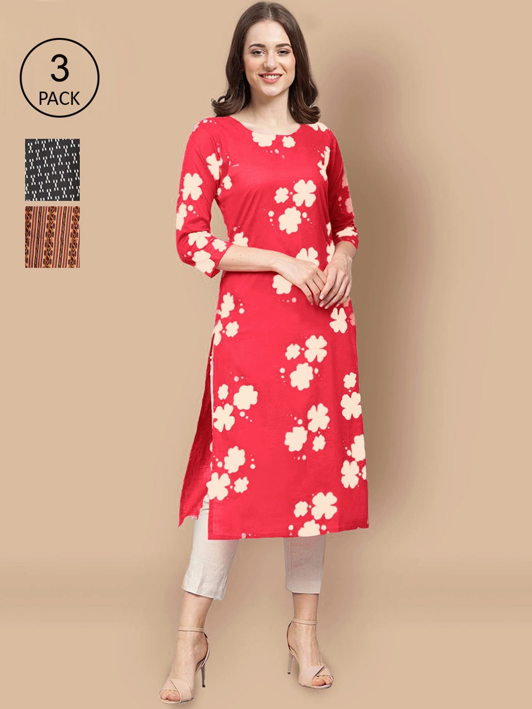 Ethnic basket Pack Of 3 Women Red & Black Floral Printed Crepe Kurta