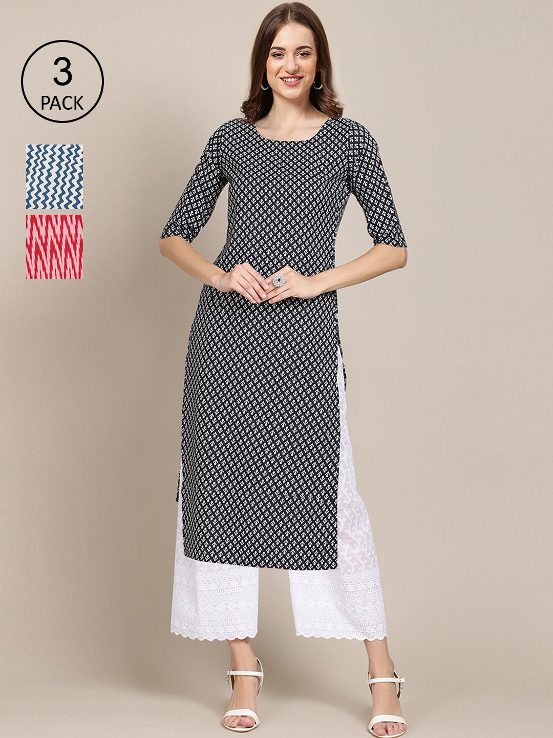 

Ethnic basket Women Pack of 3 Black & Red Geometric Striped Crepe Kurta