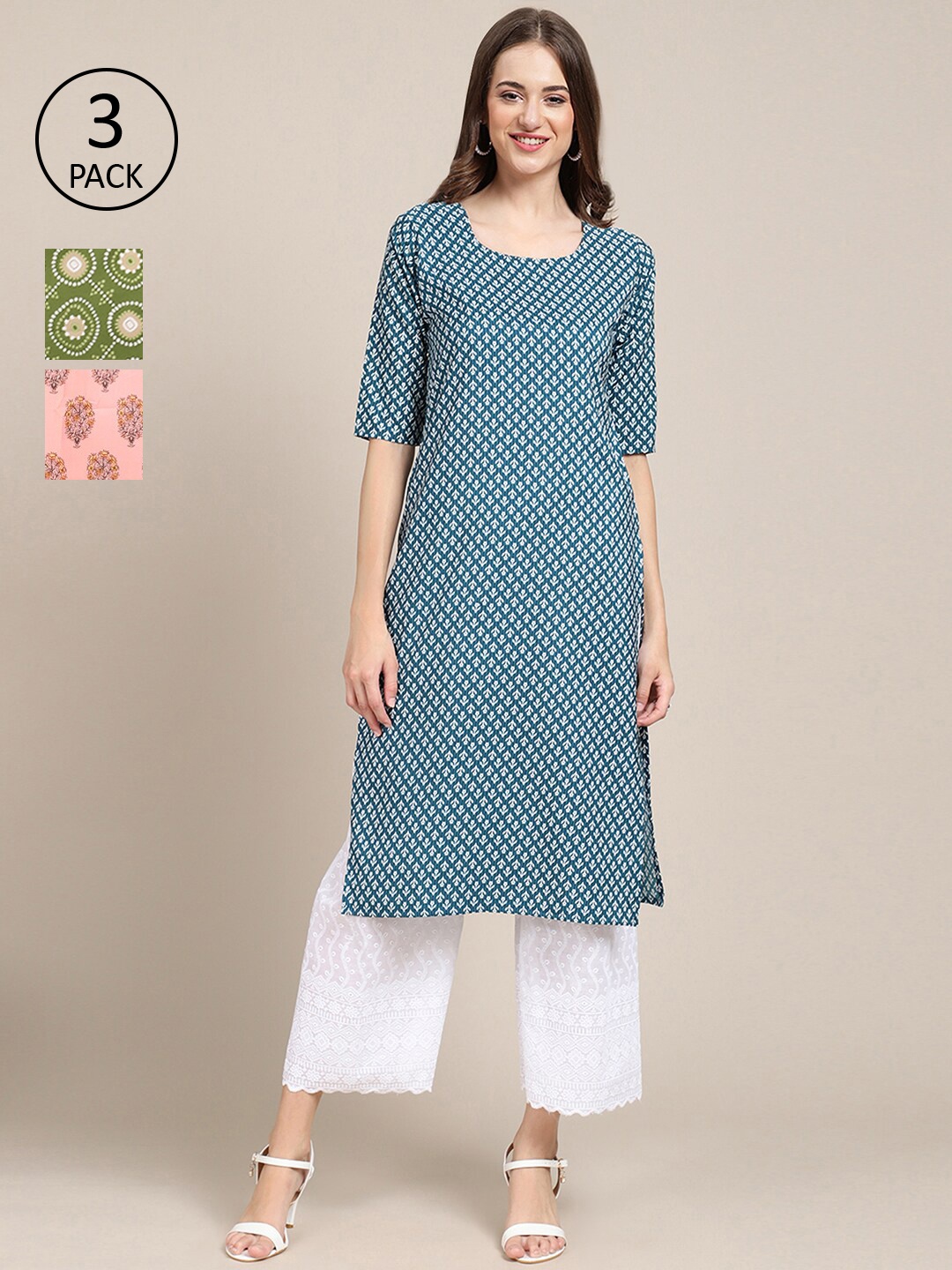 

Ethnic basket Women Pack of 3 Green Coral & Blue Floral Printed Crepe Kurta