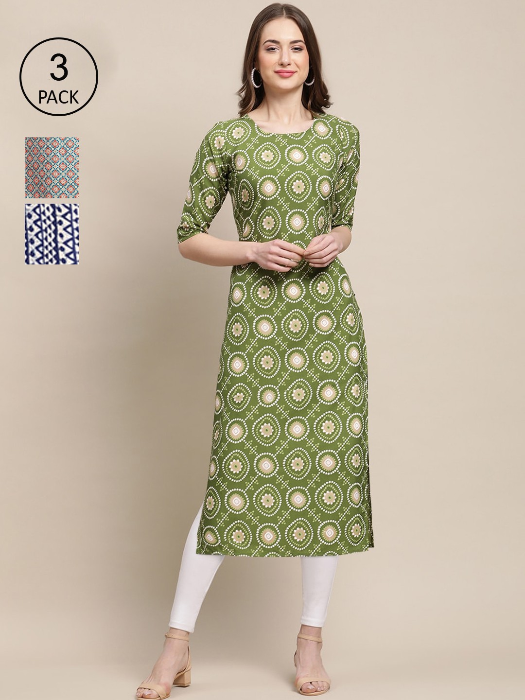 

Ethnic basket Women Pack Of 3 Ethnic Motifs Printed Crepe Kurta, Green