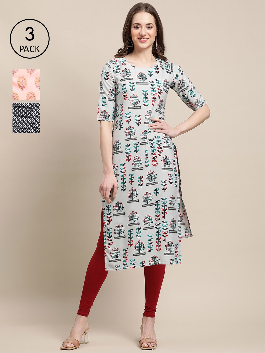 

Ethnic basket Pack Of 3 Women Grey & Peach-Coloured Floral Printed Crepe Kurta