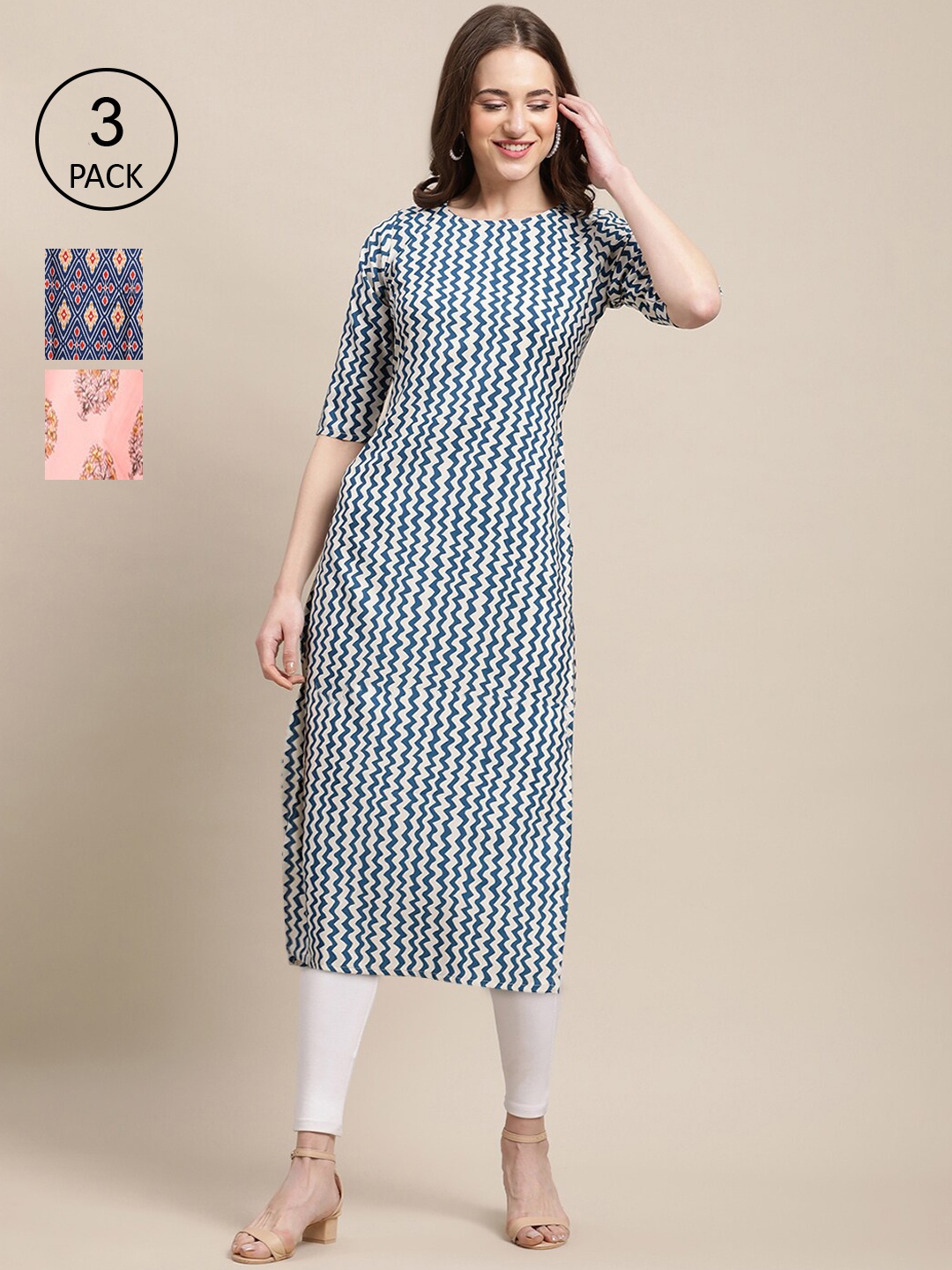 

Ethnic basket Women Pack of 3 Coral & White Geometric Printed Crepe Kurta
