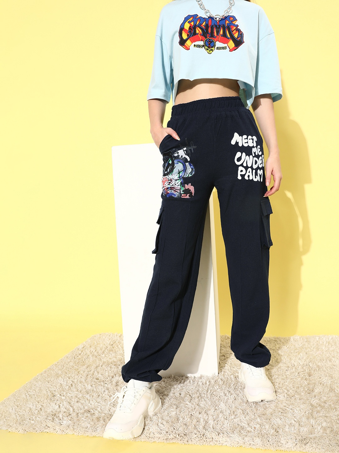 

Stylecast X Hersheinbox Women Navy Blue Typography Utility Trousers