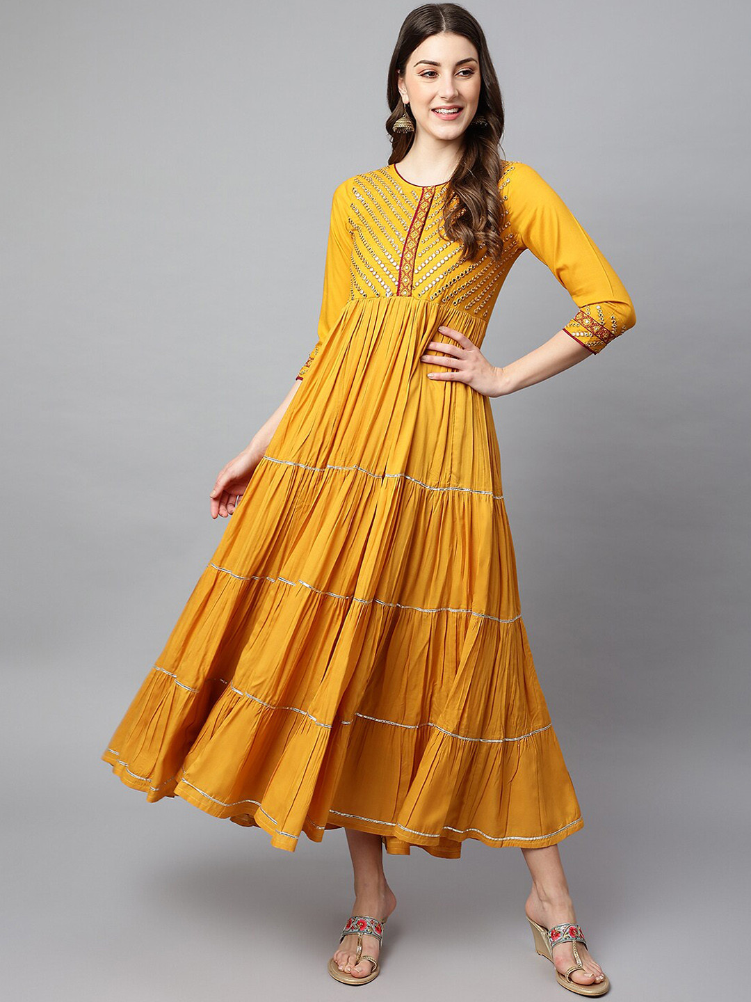 

SHINOY Women Mustard Yellow Yoke Design Mirror Work Anarkali Kurta