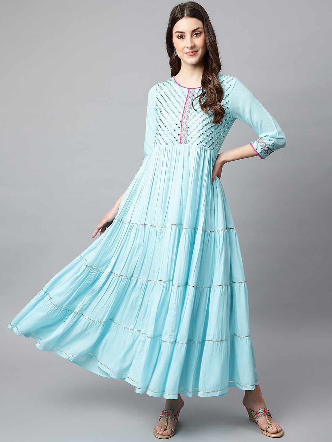 

SHINOY Women Sea Green Yoke Design Mirror Work Anarkali Kurta