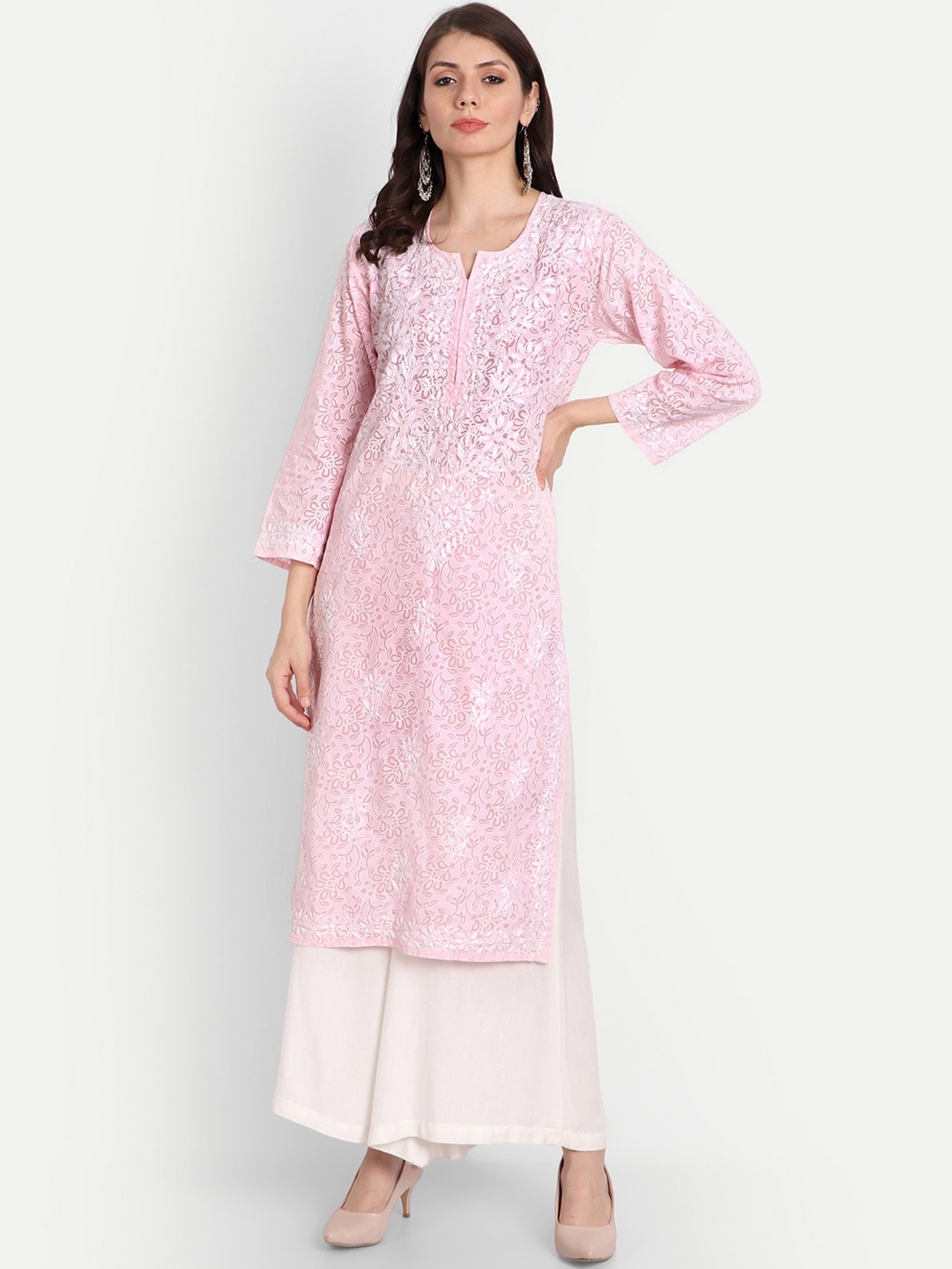 

Indiankala4u Women Pink Floral Embroidered Chikankari Kurta