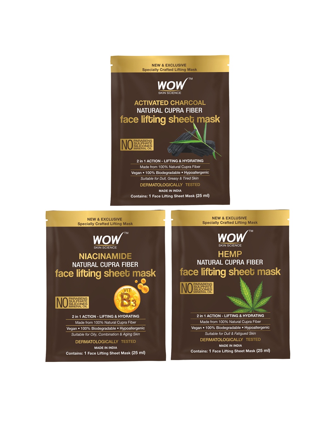 

WOW SKIN SCIENCE Set of 3 Natural Cupra Fiber Face Lifting Sheet Masks - 25ml each, Brown