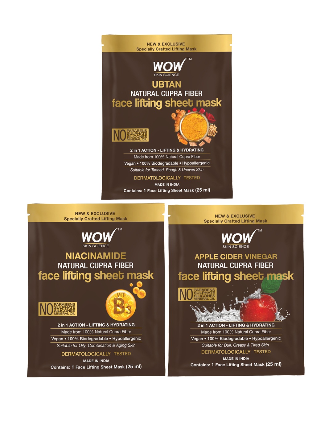 

WOW SKIN SCIENCE Set of 3 Natural Cupra Fiber Face Lifting Sheet Masks - 25ml each, Brown