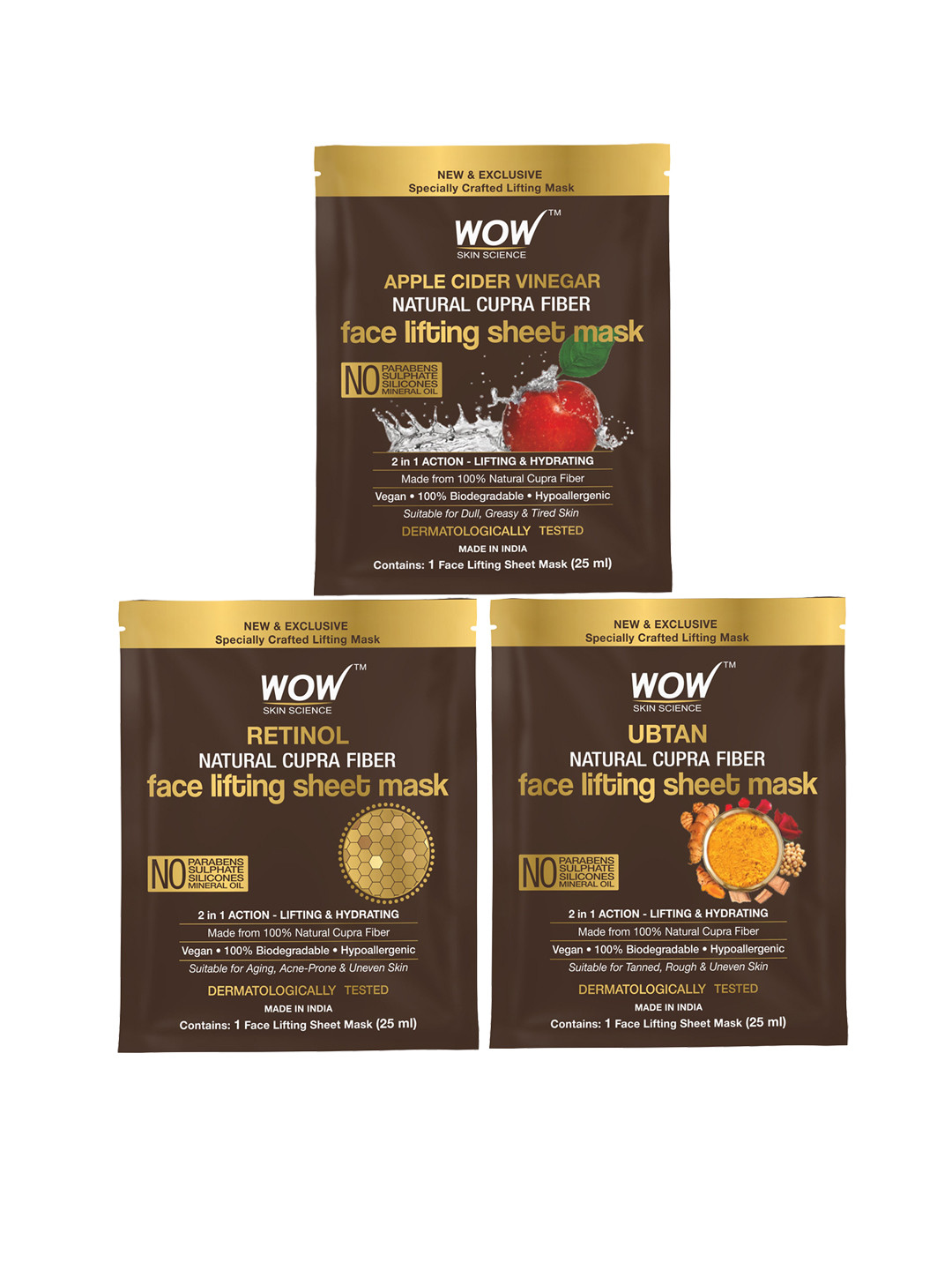 

WOW SKIN SCIENCE Set of 3 Natural Cupra Fiber Face Lifting Sheet Masks - 25ml each, Brown
