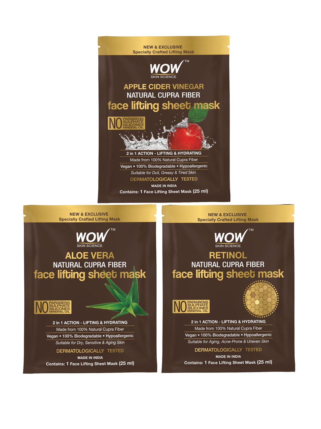

WOW SKIN SCIENCE Set of 3 Natural Cupra Fiber Face Lifting Sheet Masks - 25ml each, Brown