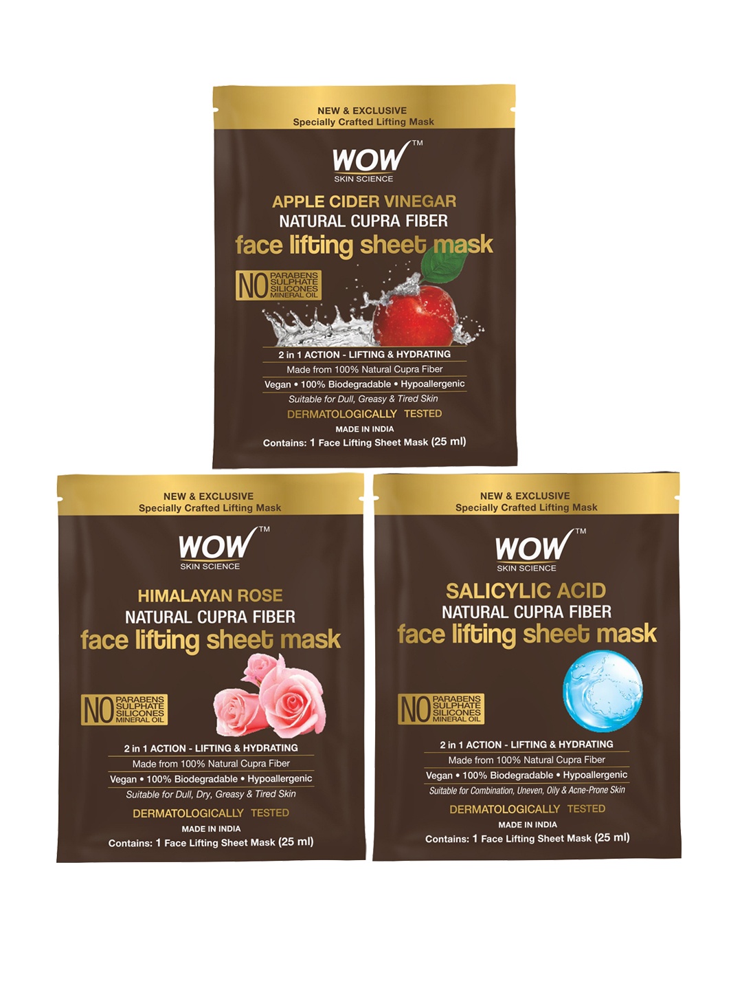 

WOW SKIN SCIENCE Set of 3 Natural Cupra Fiber Face Lifting Sheet Masks - 25ml each, Brown