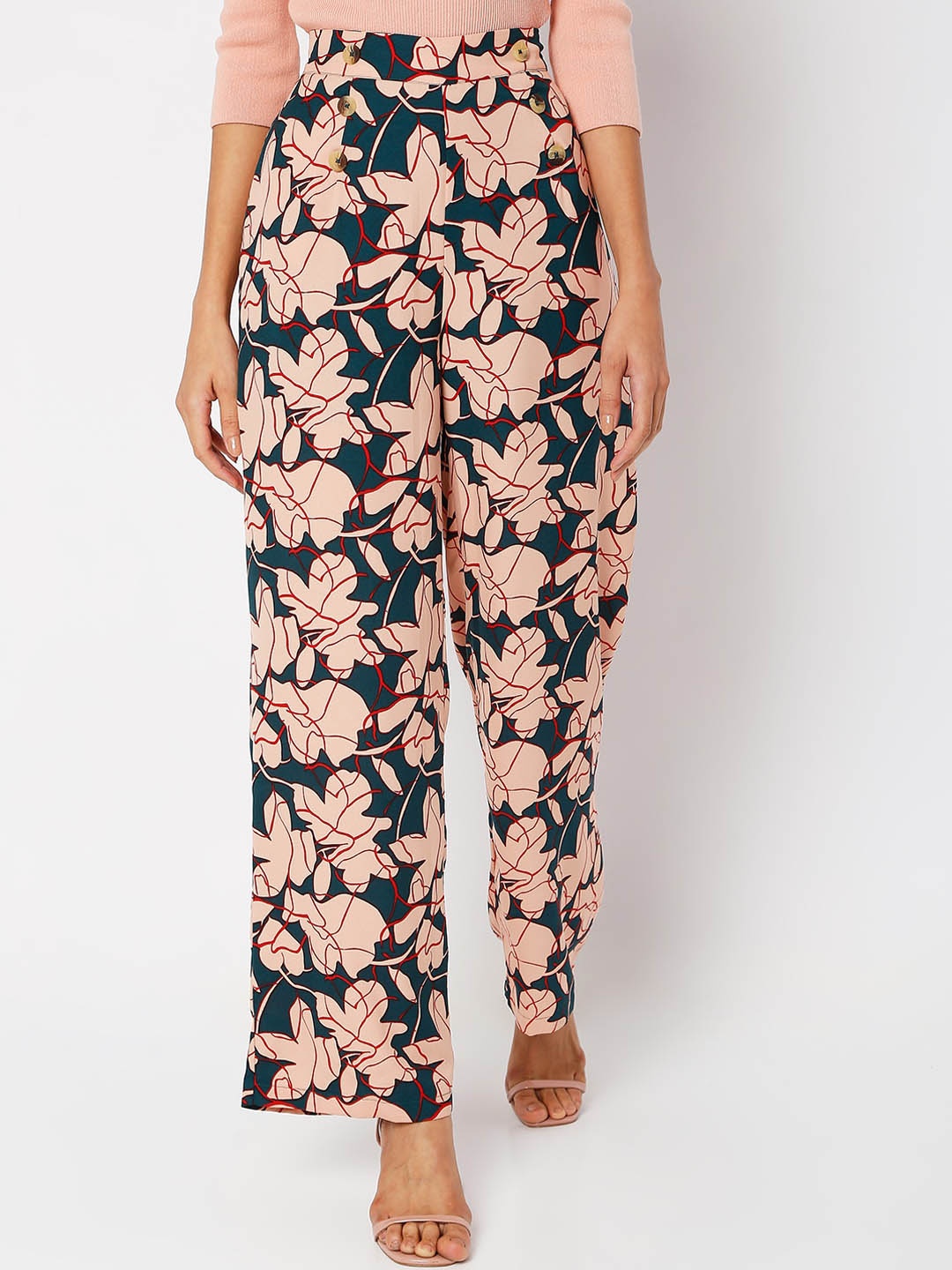 

Vero Moda Women Teal & Pink Floral Printed High-Rise Trousers