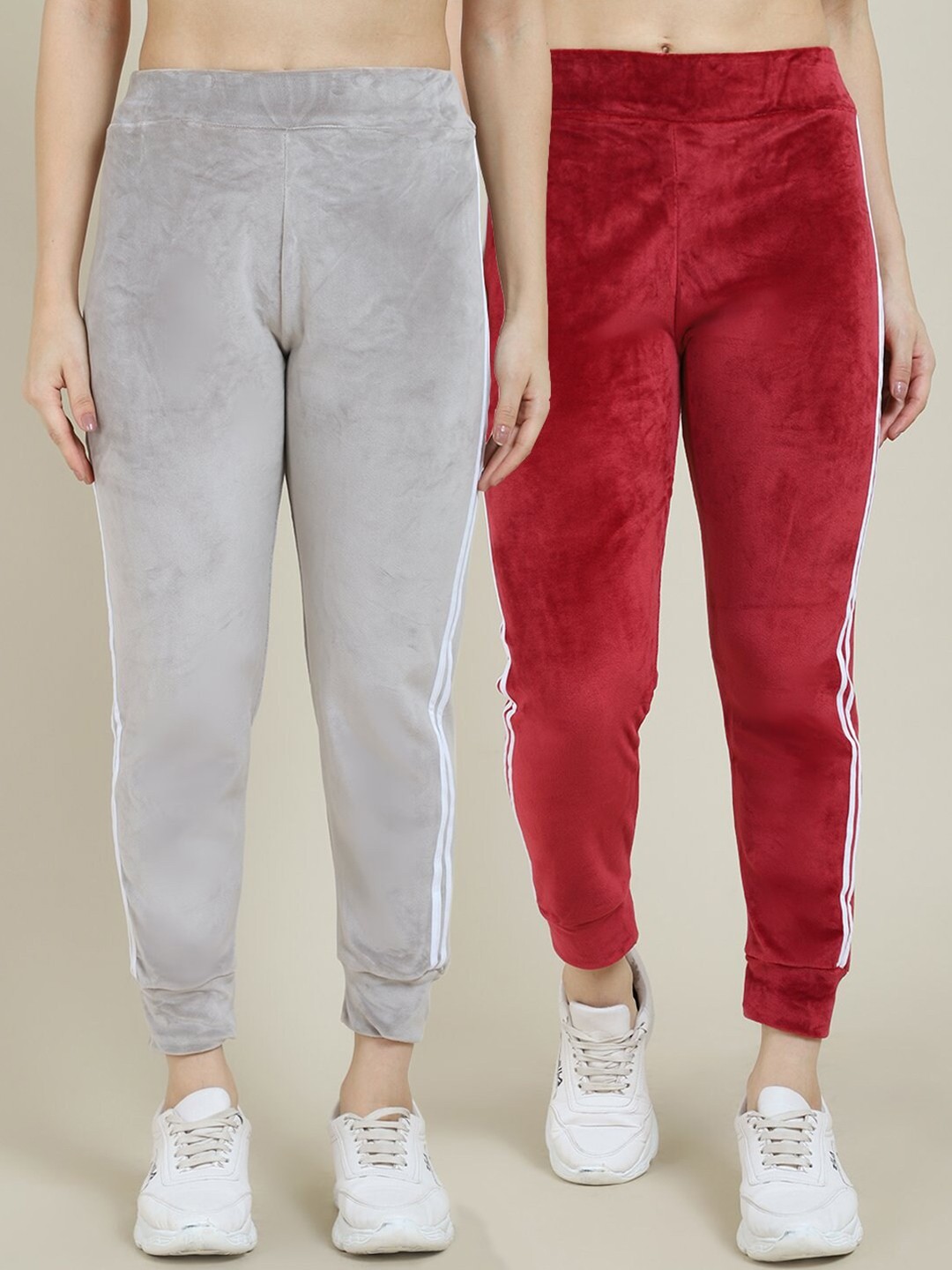 

Miaz Lifestyle Women Pack Of 2 Grey & Maroon Solid Cotton Slim-Fit Joggers