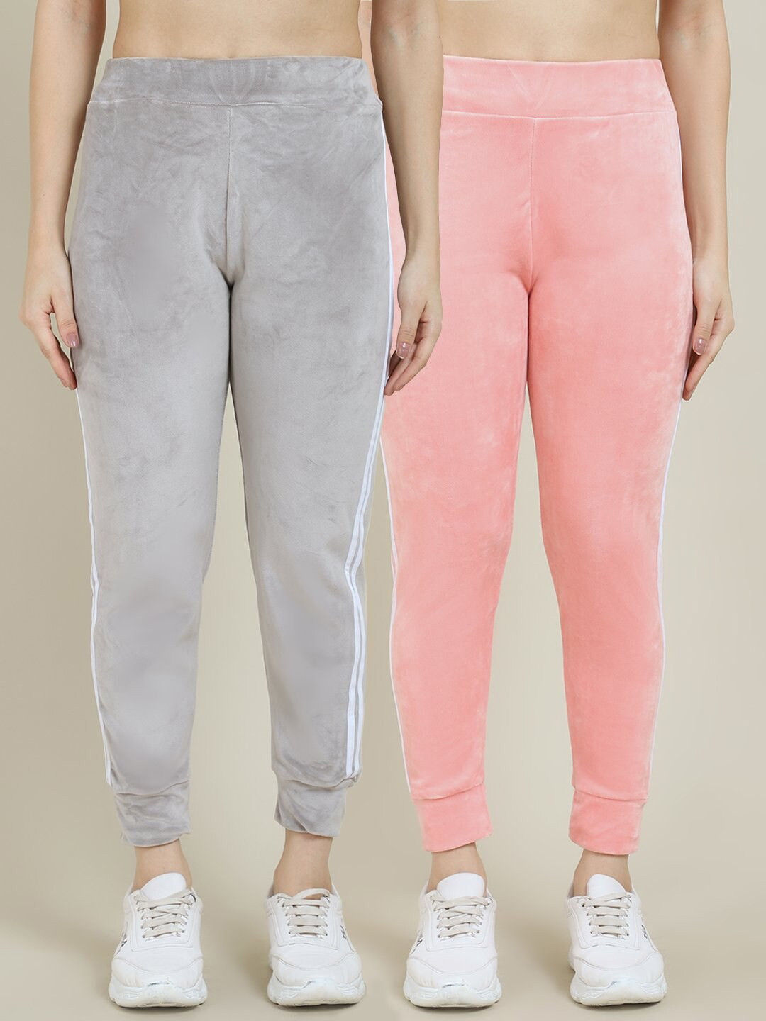 

Miaz Lifestyle Women Pack Of 2 Grey & Peach Solid Cotton Slim-Fit Joggers