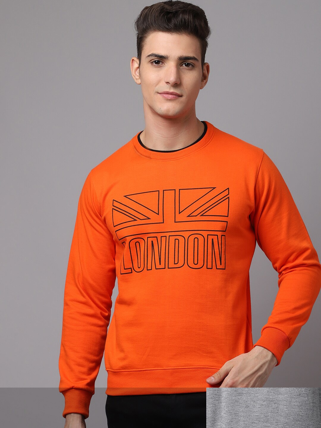 

Obaan Men Grey and Orange Printed Pack of 2 Fleece Sweatshirt