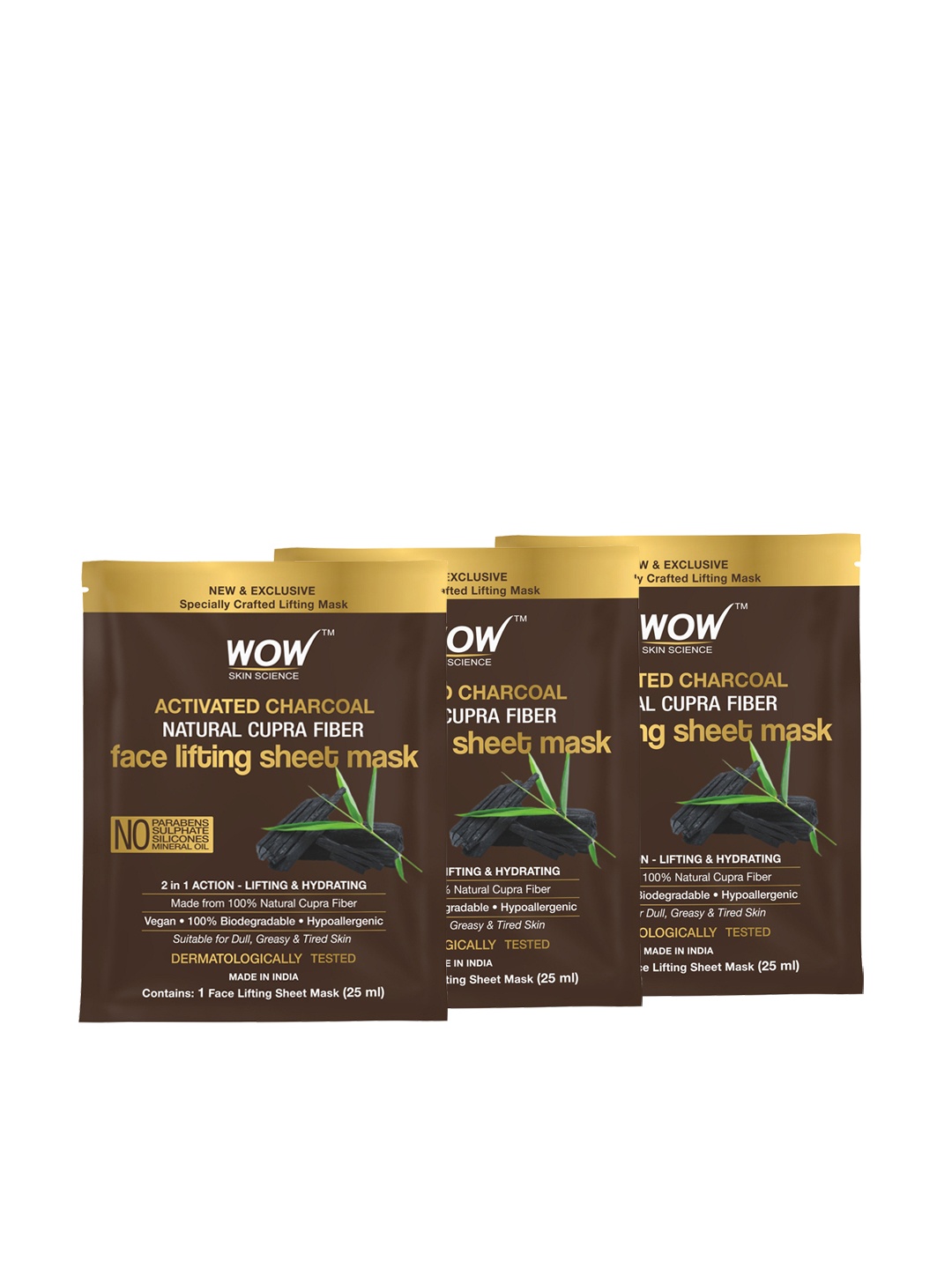 

WOW SKIN SCIENCE Set of 3 Activated Charcoal Natural Cupra Fiber Sheet Mask-25ml Each, Coffee brown