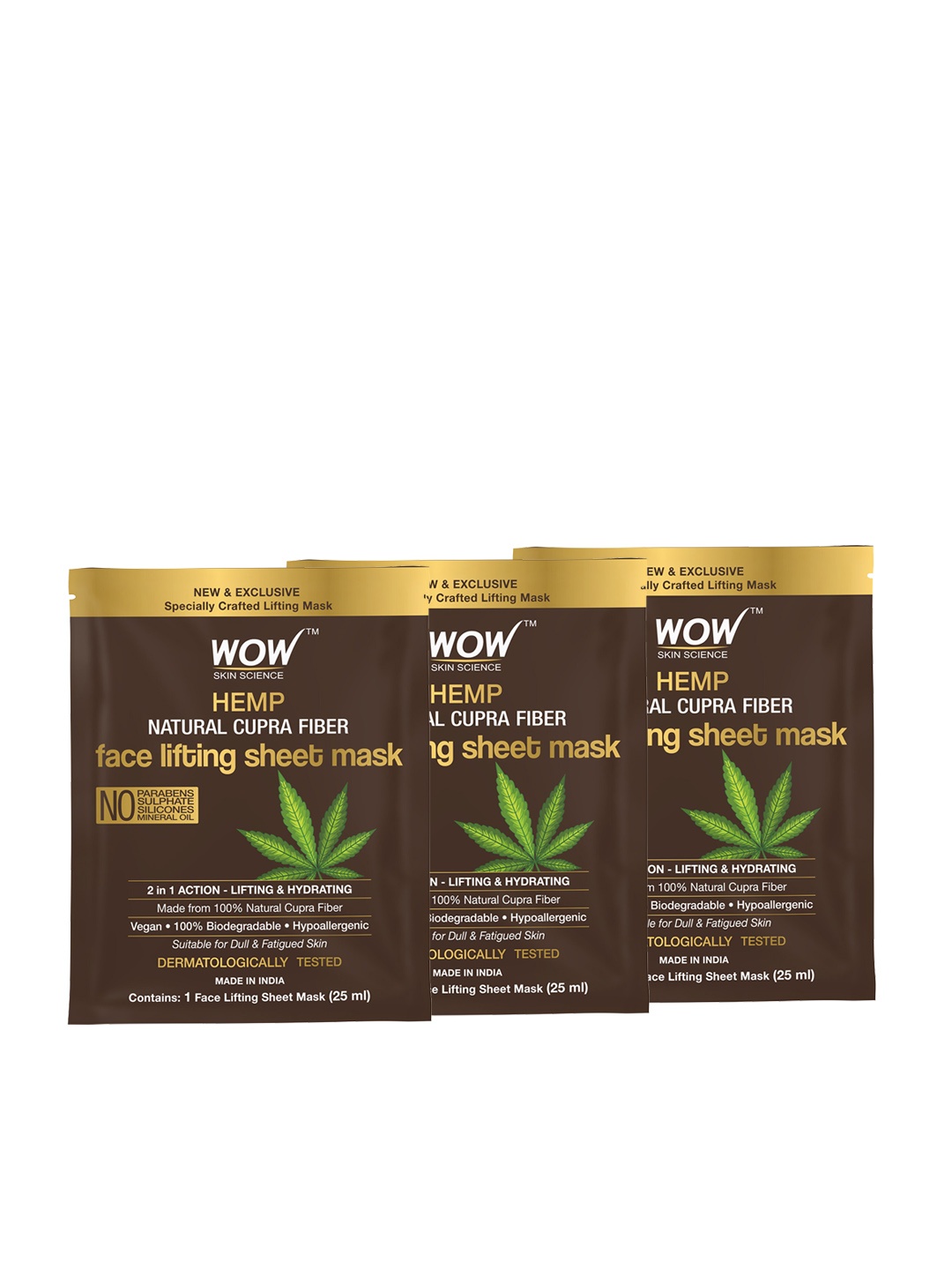 

WOW SKIN SCIENCE Set of 3 Hemp Natural Cupra Fiber Face Lifting Sheet Mask - 25 ml Each, Coffee brown