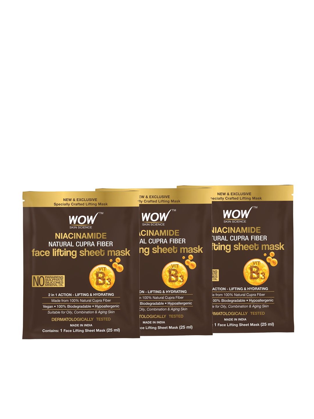 

WOW SKIN SCIENCE Set of 3 Niacinamide Natural Fiber Cupra Sheet Mask - 25 ml Each, Coffee brown