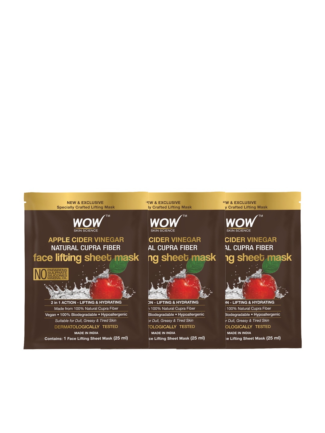 

WOW SKIN SCIENCE Set of 3 Apple Cider Vinegar Natural Fiber Cupra Sheet Mask - 25 ml Each, Coffee brown