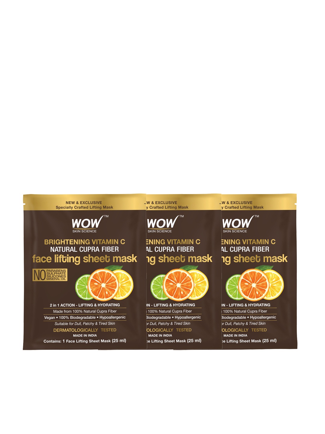 

WOW SKIN SCIENCE Set of 3 Vitamin C Natural Fiber Cupra Face Lifting Sheet Mask-25ml Each, Coffee brown